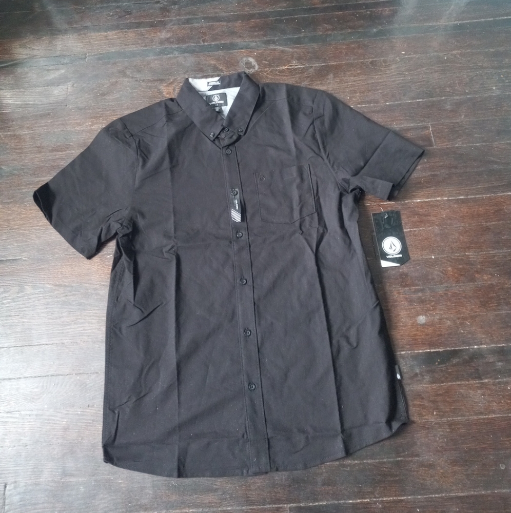 Volcom Men’s Everett Oxford Short Sleeve Button Down Casual Black Shirt L NWT